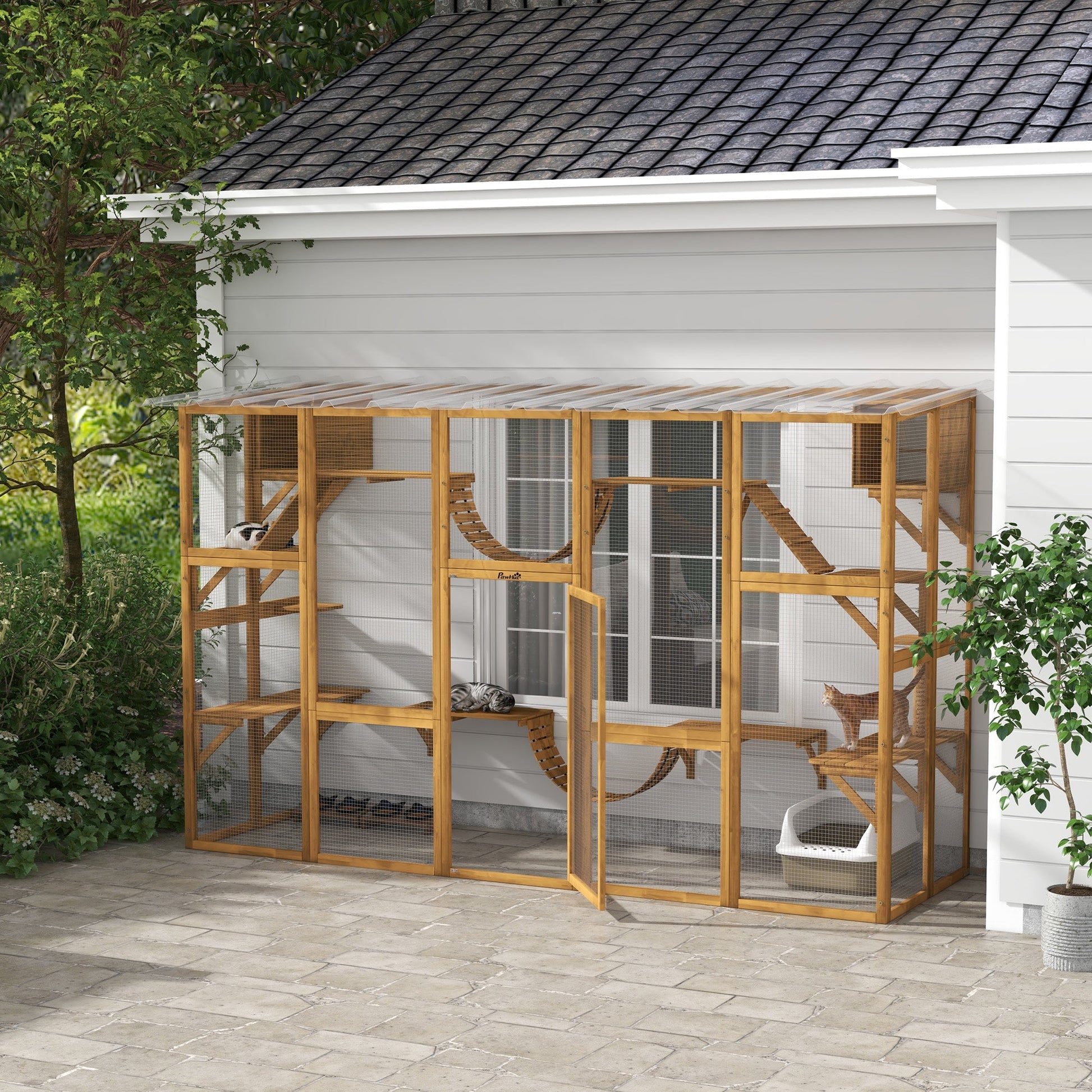 KFX-2260285 Outdoor Cat Window Box Enclosure with Shelves and Bridges for Multiple Cats - Yellow
