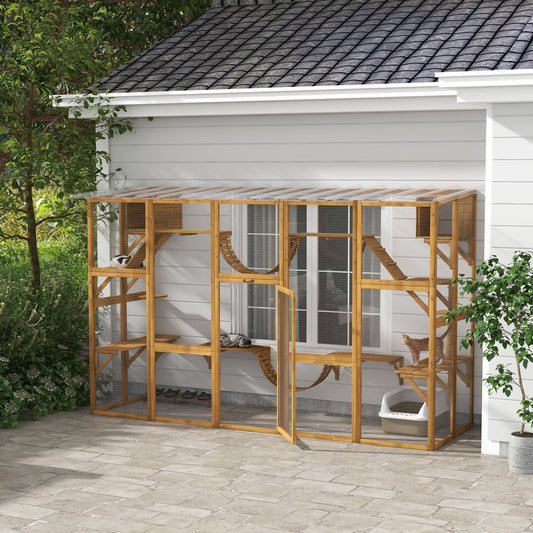 KFX-2260285 Outdoor Cat Window Box Enclosure with Shelves and Bridges for Multiple Cats - Yellow