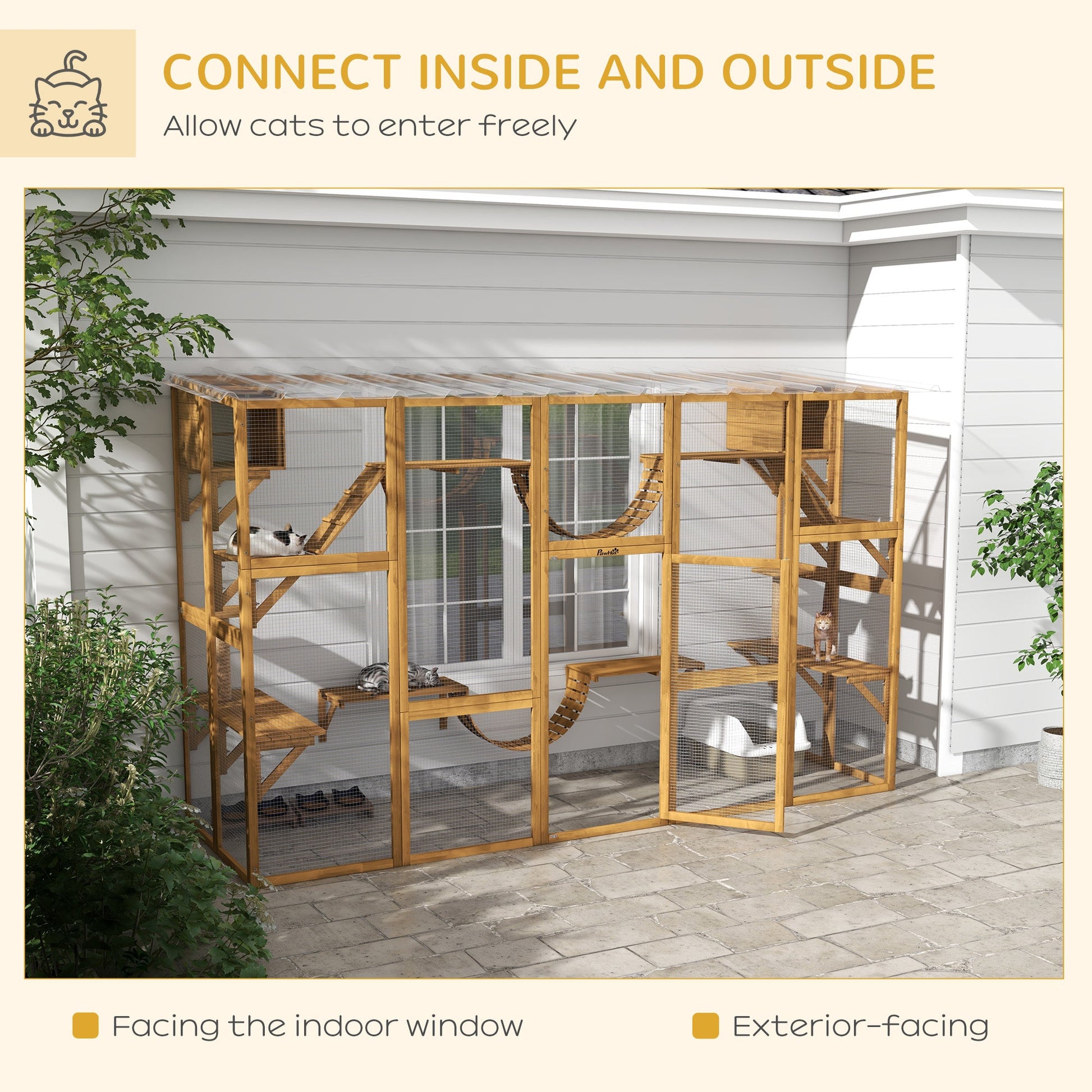 KFX-2260285 Outdoor Cat Window Box Enclosure with Shelves and Bridges for Multiple Cats - Yellow