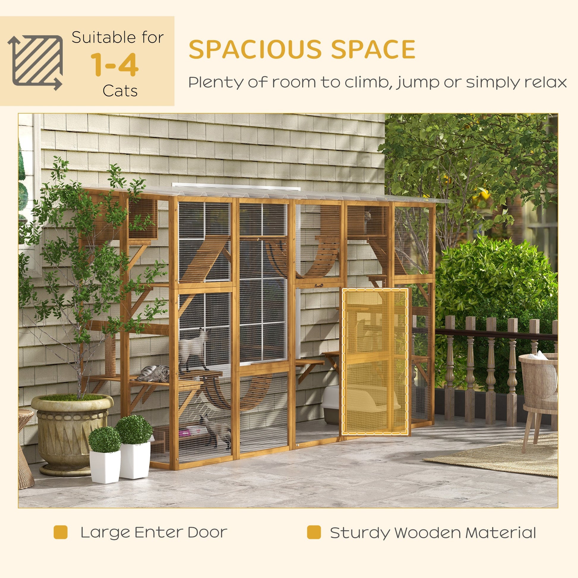 KFX-2260285 Outdoor Cat Window Box Enclosure with Shelves and Bridges for Multiple Cats - Yellow