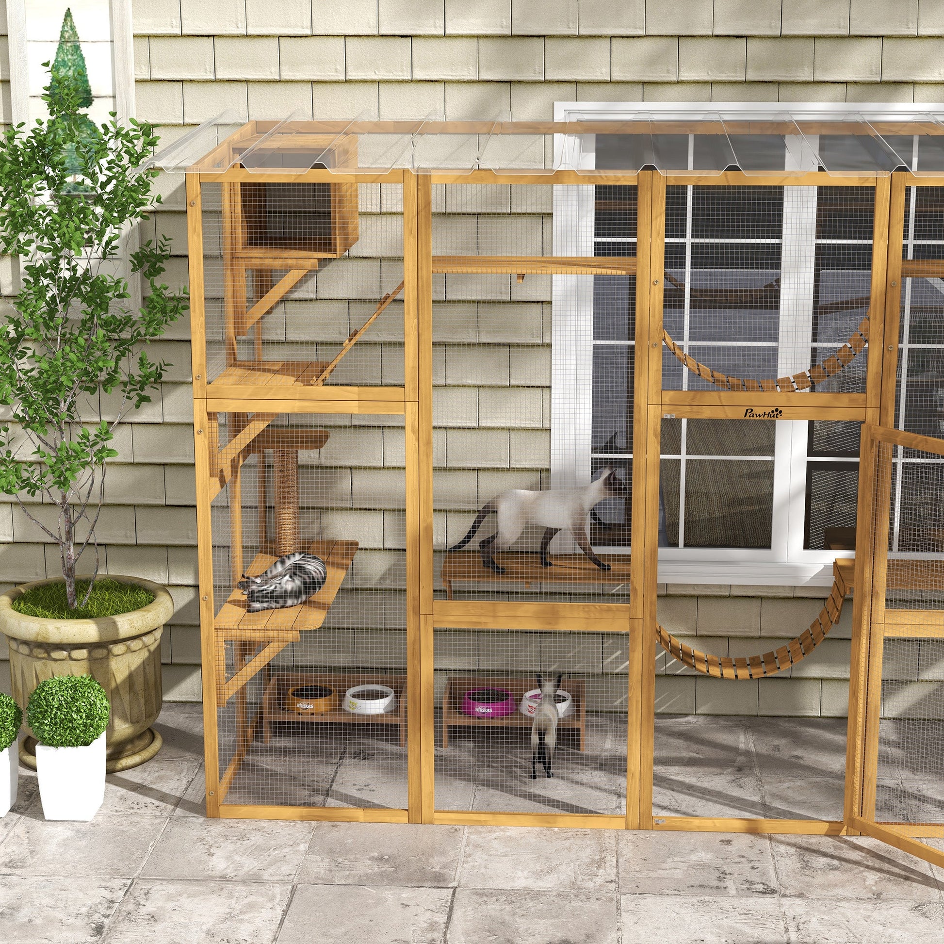 KFX-2260285 Outdoor Cat Window Box Enclosure with Shelves and Bridges for Multiple Cats - Yellow