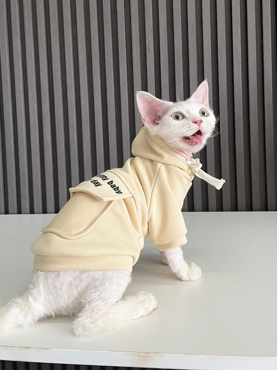 KFX-2261309 Pure Cotton Hooded Sweater for Cats - Available in Haze Blue, Pink, and Beige, Multiple Sizes
