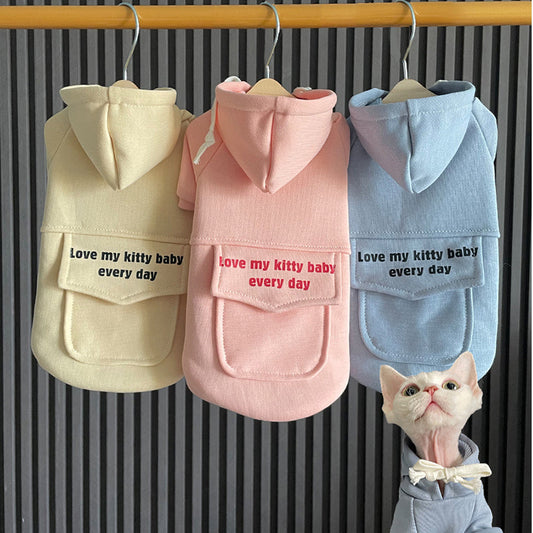 KFX-2261309 Pure Cotton Hooded Sweater for Cats - Available in Haze Blue, Pink, and Beige, Multiple Sizes
