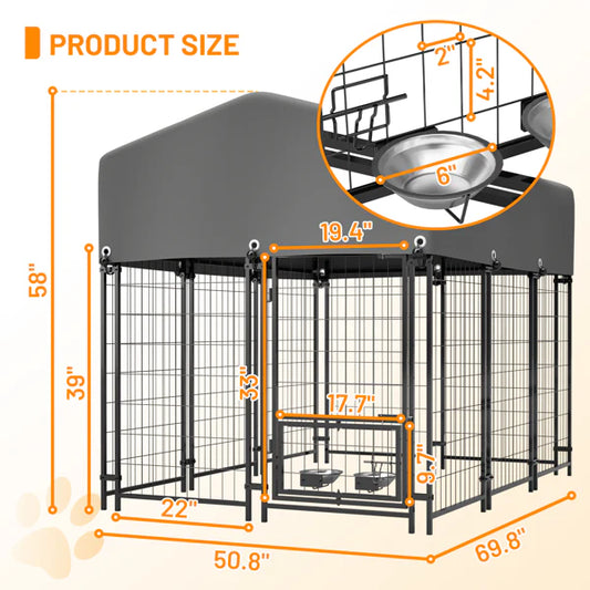KFX-2261693 Heavy Duty Outdoor Dog Kennel with Roof, UV-Resistant Waterproof Cover, Locking System & Feeding Bowl