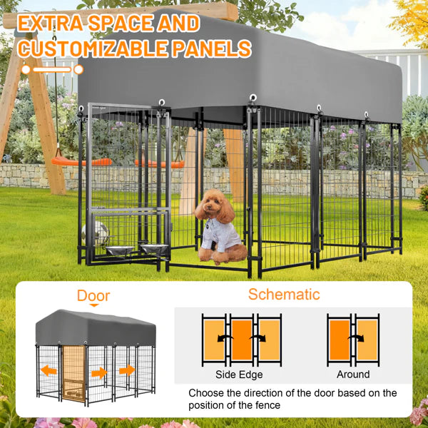 KFX-2261693 Heavy Duty Outdoor Dog Kennel with Roof, UV-Resistant Waterproof Cover, Locking System & Feeding Bowl