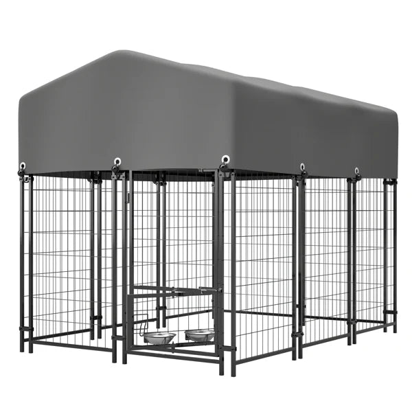 KFX-2261693 Heavy Duty Outdoor Dog Kennel with Roof, UV-Resistant Waterproof Cover, Locking System & Feeding Bowl
