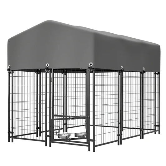 KFX-2261693 Heavy Duty Outdoor Dog Kennel with Roof, UV-Resistant Waterproof Cover, Locking System & Feeding Bowl