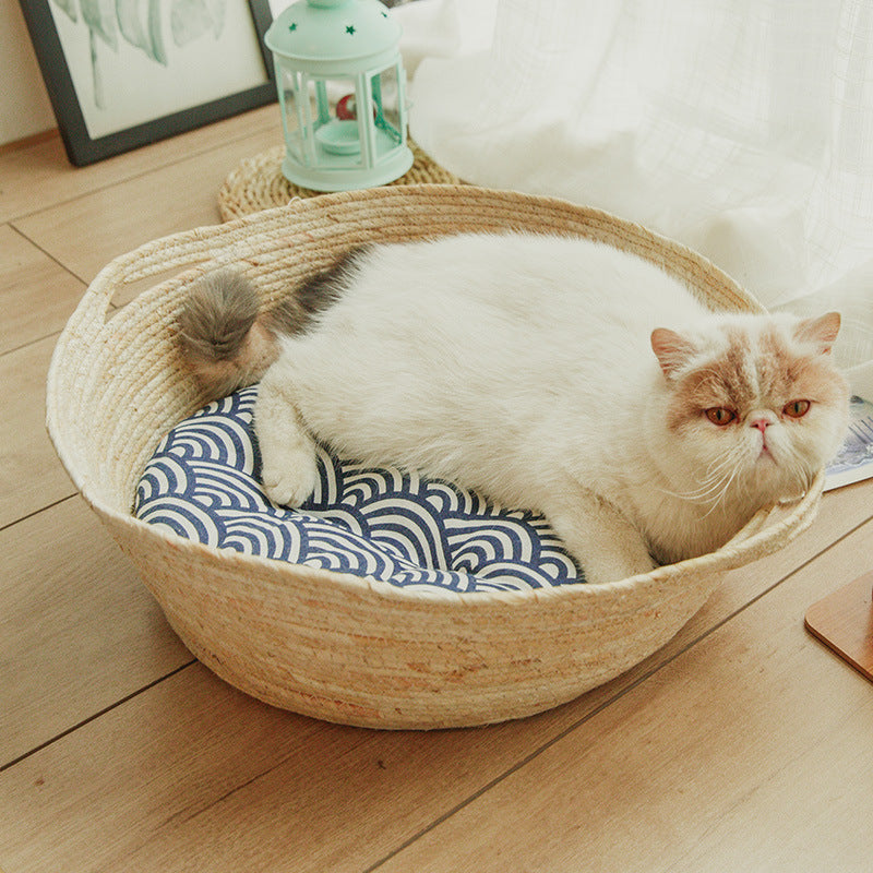 KFX-2271805 Rattan Cat Nest for All Seasons - 35cm Diameter, Comfortable Corn Skin Knitting with PP Cotton