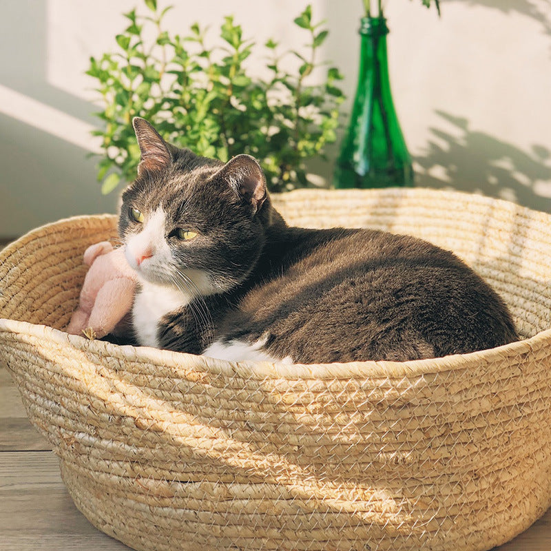 KFX-2271805 Rattan Cat Nest for All Seasons - 35cm Diameter, Comfortable Corn Skin Knitting with PP Cotton