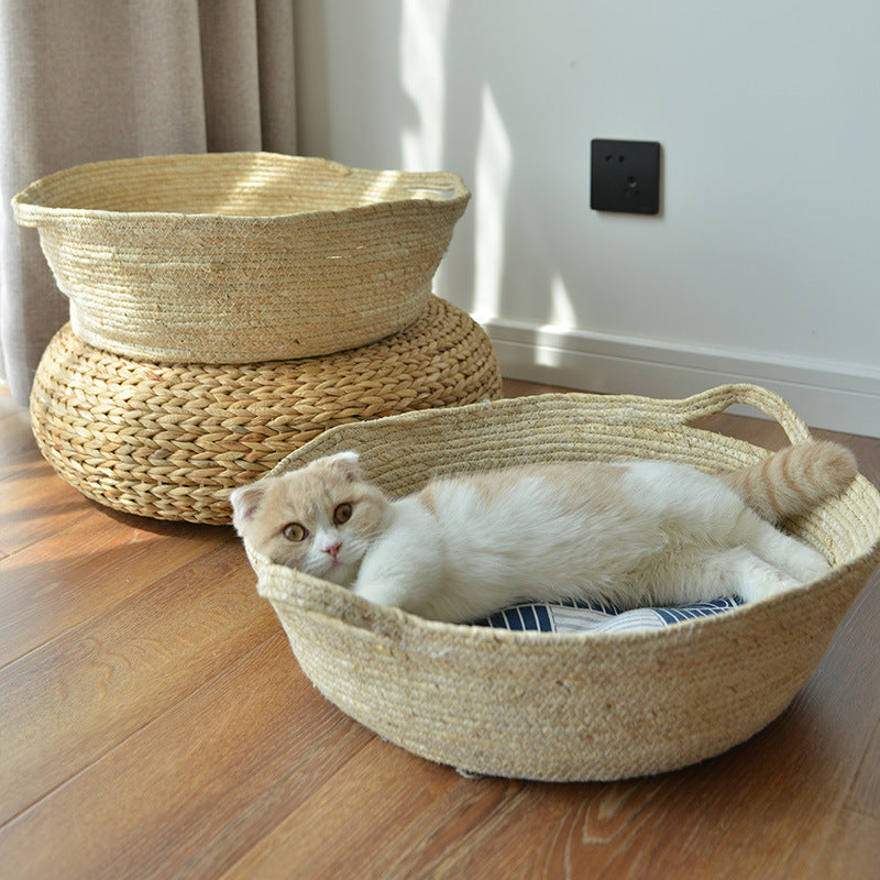 KFX-2271805 Rattan Cat Nest for All Seasons - 35cm Diameter, Comfortable Corn Skin Knitting with PP Cotton