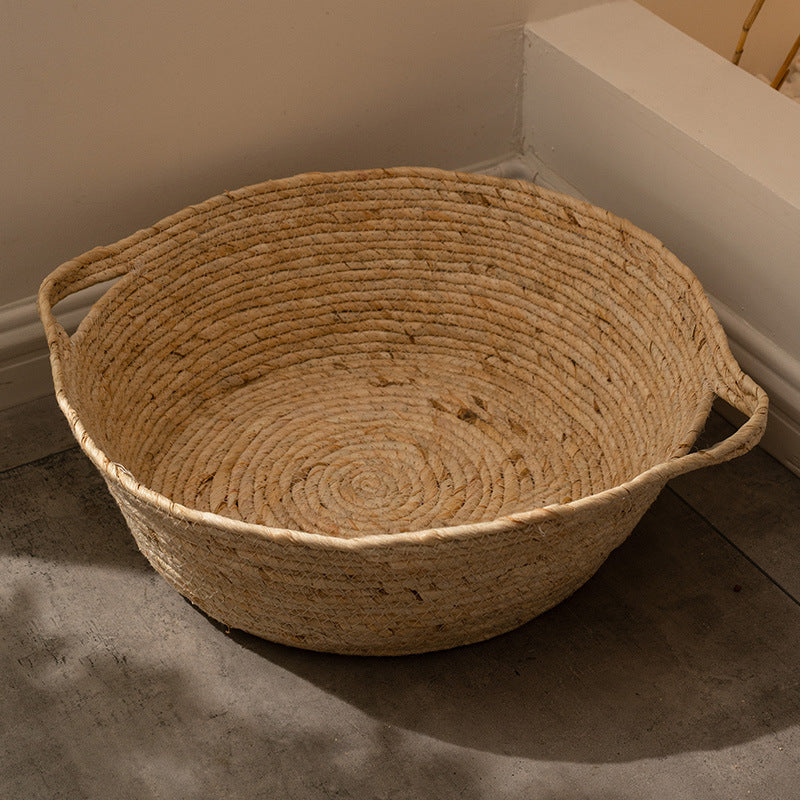 KFX-2271805 Rattan Cat Nest for All Seasons - 35cm Diameter, Comfortable Corn Skin Knitting with PP Cotton