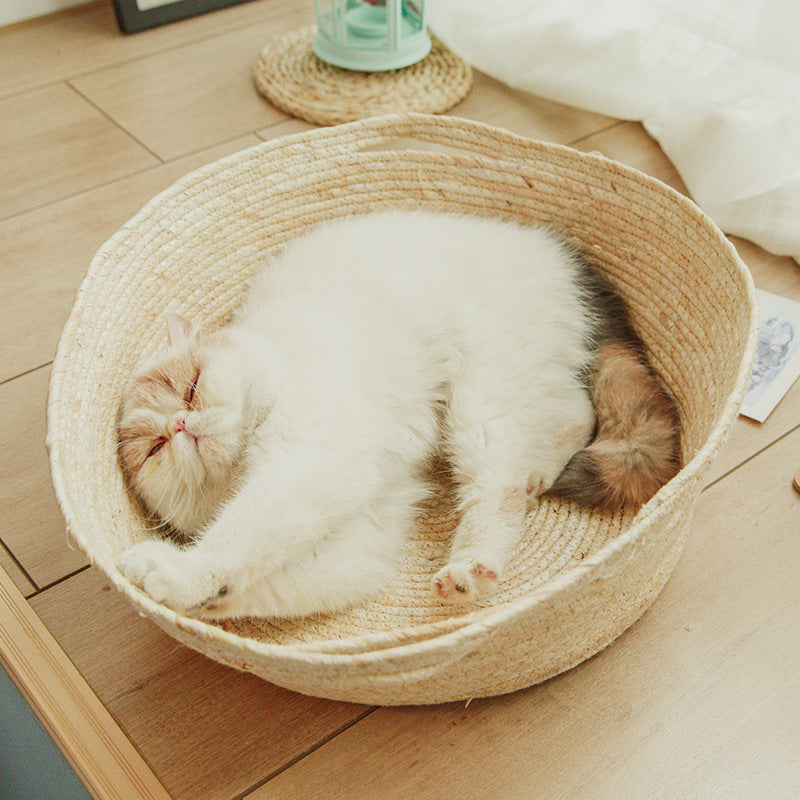 KFX-2271805 Rattan Cat Nest for All Seasons - 35cm Diameter, Comfortable Corn Skin Knitting with PP Cotton