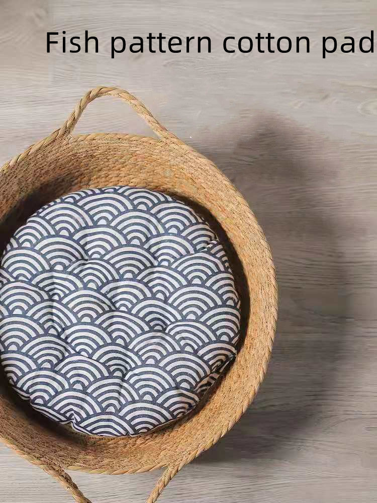 KFX-2271805 Rattan Cat Nest for All Seasons - 35cm Diameter, Comfortable Corn Skin Knitting with PP Cotton