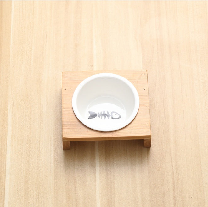 KFX-2271933 Bamboo Frame Ceramic Pet Feeder Bowls - Single, Double, or Triple Design for Cats
