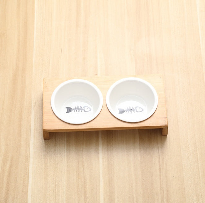 KFX-2271933 Bamboo Frame Ceramic Pet Feeder Bowls - Single, Double, or Triple Design for Cats