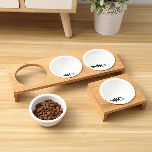 KFX-2271933 Bamboo Frame Ceramic Pet Feeder Bowls - Single, Double, or Triple Design for Cats