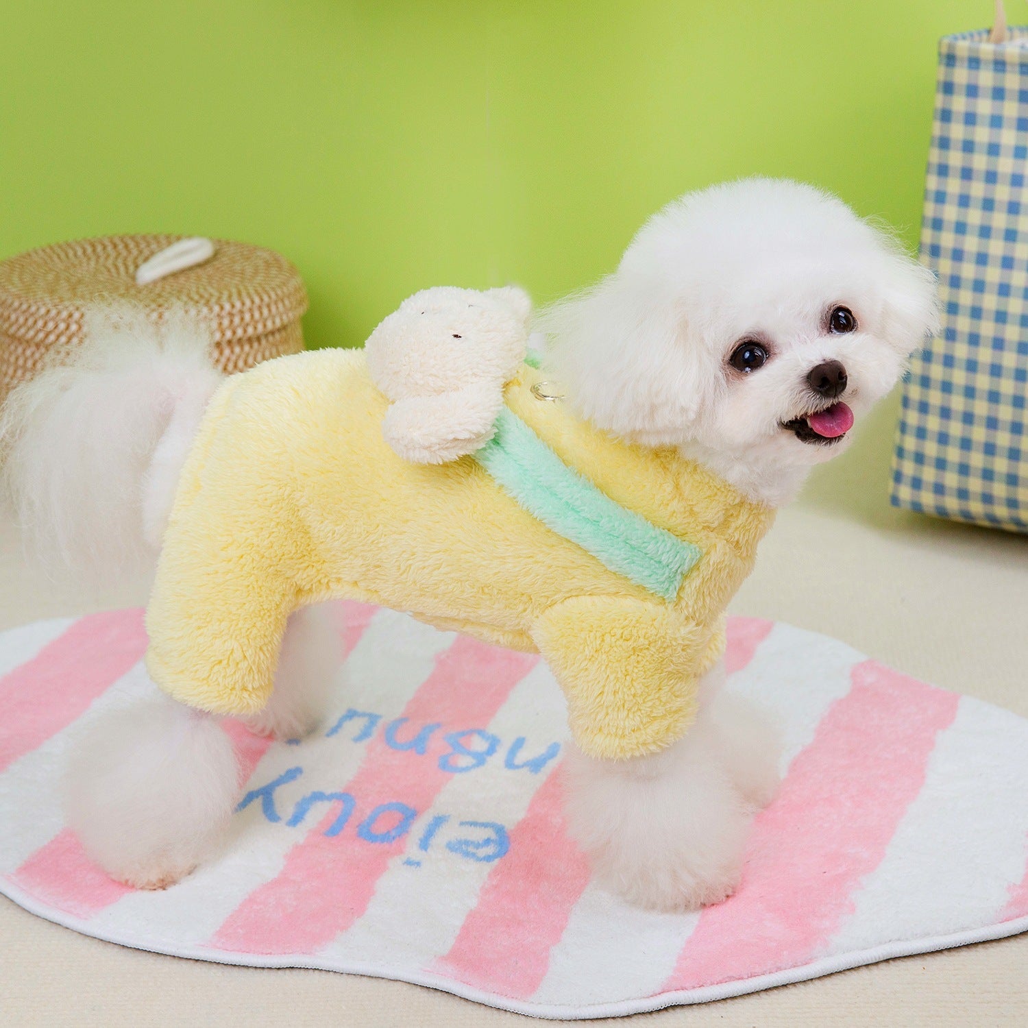 KFX-2272317 Fluffy Dog Jacket for Small Dogs - Four-Legged Coat in Yellow, Pink, and Green