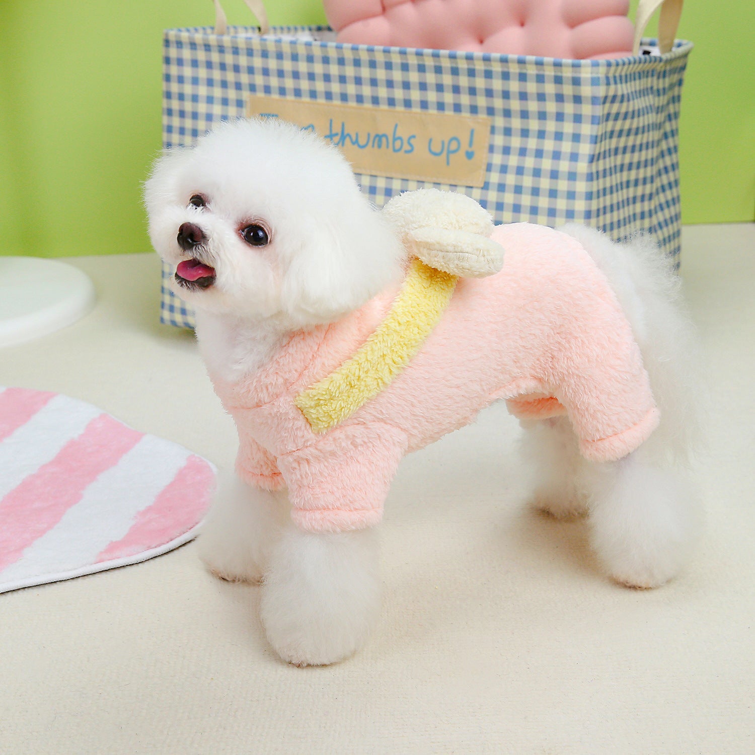 KFX-2272317 Fluffy Dog Jacket for Small Dogs - Four-Legged Coat in Yellow, Pink, and Green