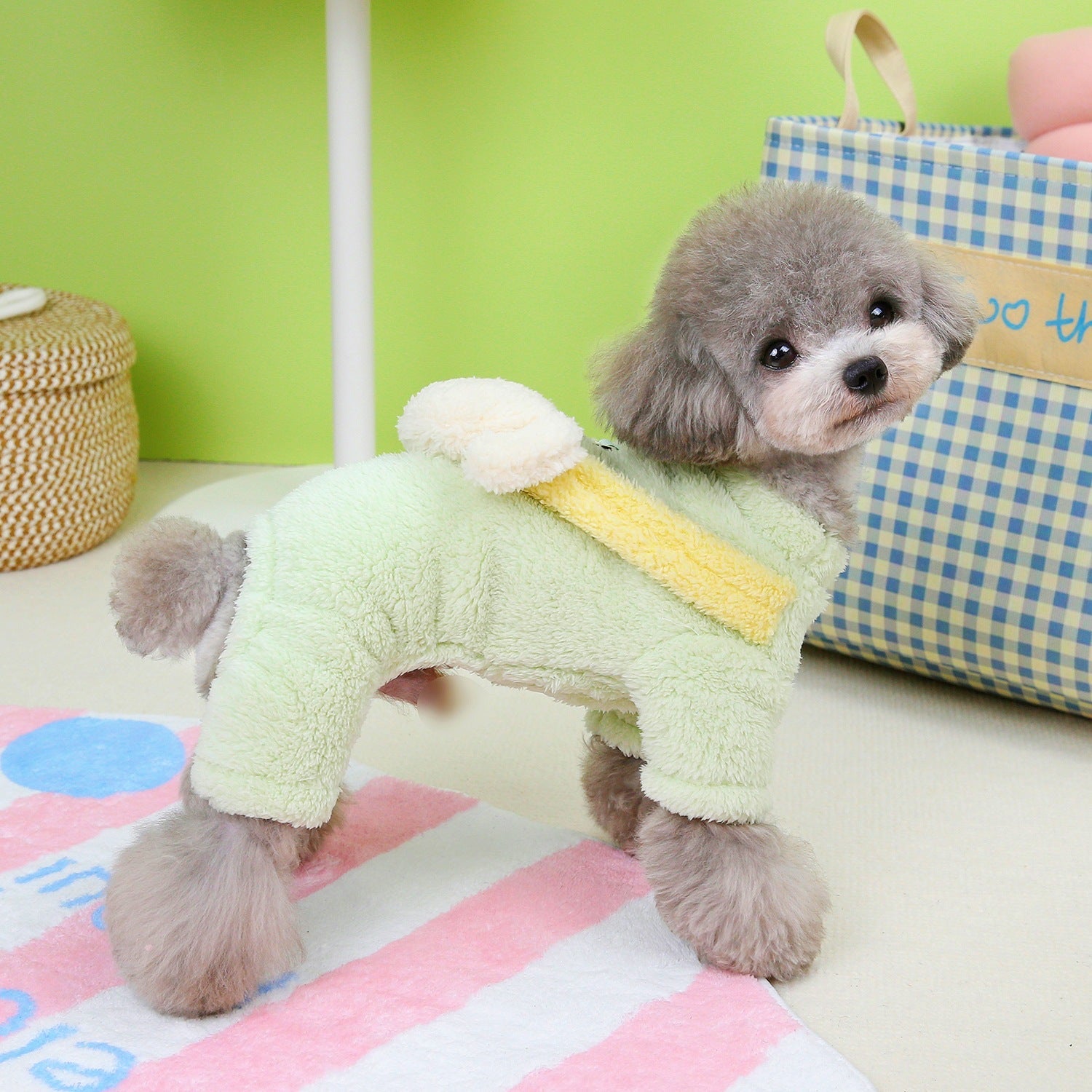 KFX-2272317 Fluffy Dog Jacket for Small Dogs - Four-Legged Coat in Yellow, Pink, and Green