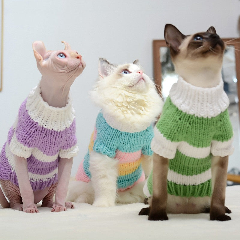 KFX-2275517 Handmade Wool Sweater for Hairless Cats - Multi-Color Stripes, Various Sizes Available