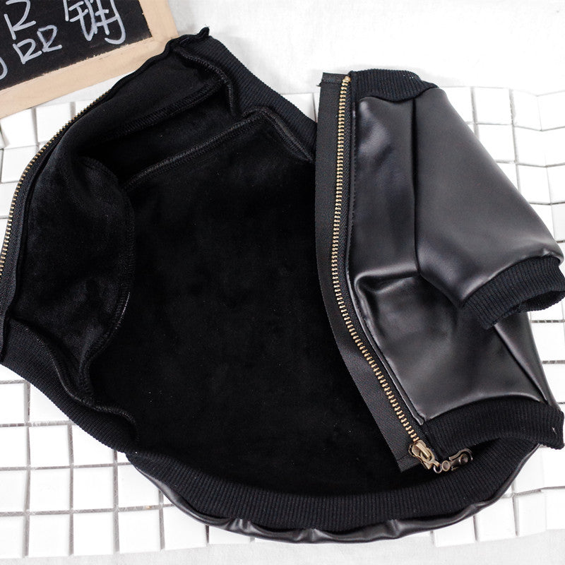 KFX-2275901 Velvet Zipper Stretch PU Leather Dog Clothes for Schnauzers - Black, Two-Legged Design
