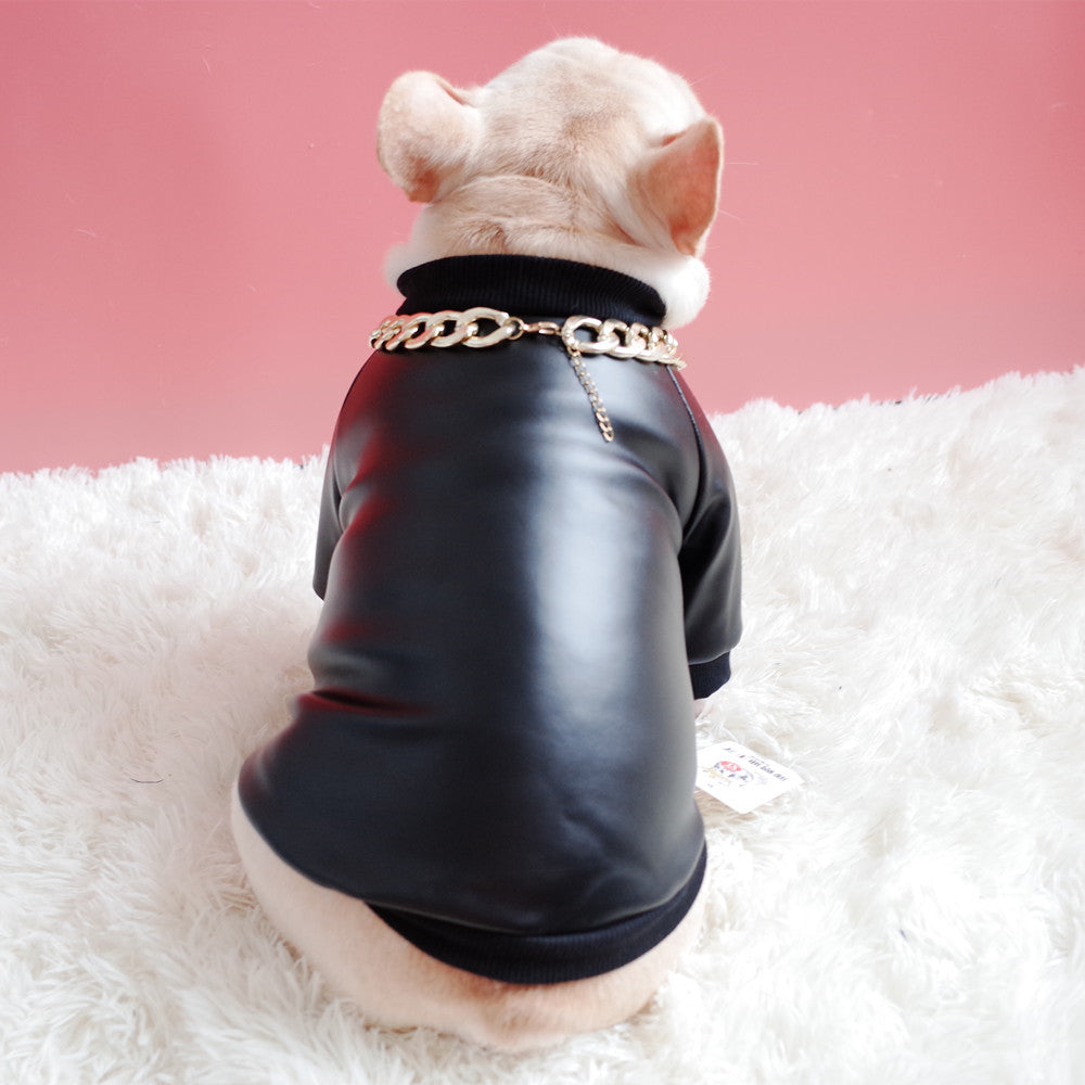 KFX-2275901 Velvet Zipper Stretch PU Leather Dog Clothes for Schnauzers - Black, Two-Legged Design