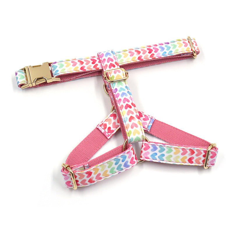 KFX-2276797 Colorful Heart Pattern Pet Chest Strap with Gold Buckle for Dogs - Adjustable Sizes XS to L