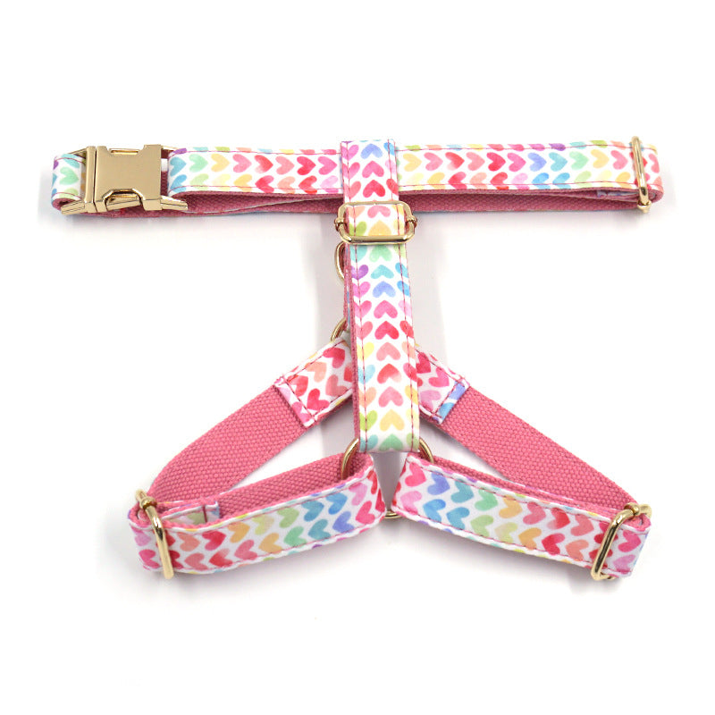 KFX-2276797 Colorful Heart Pattern Pet Chest Strap with Gold Buckle for Dogs - Adjustable Sizes XS to L