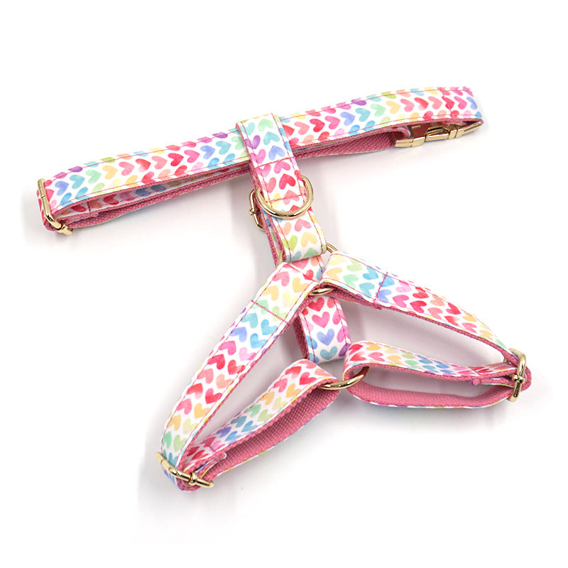 KFX-2276797 Colorful Heart Pattern Pet Chest Strap with Gold Buckle for Dogs - Adjustable Sizes XS to L
