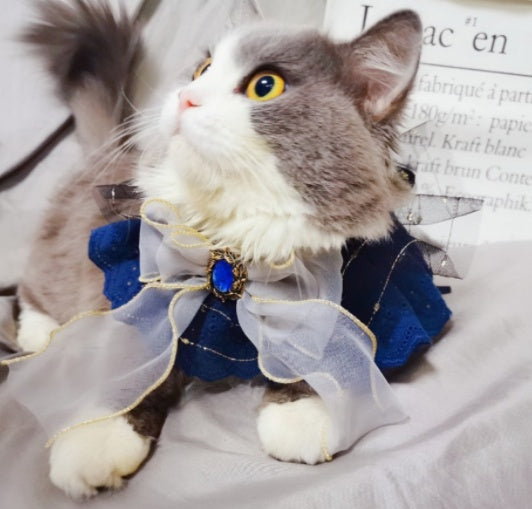 KFX-2279485 Handmade Sapphire Bow Collar Bib for Cats and Dogs with Long Scarf Design