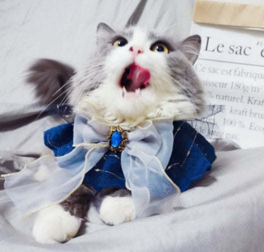 KFX-2279485 Handmade Sapphire Bow Collar Bib for Cats and Dogs with Long Scarf Design