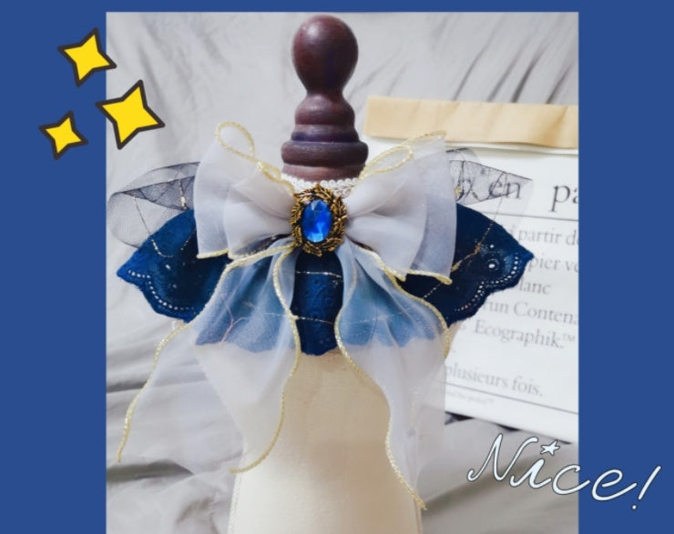 KFX-2279485 Handmade Sapphire Bow Collar Bib for Cats and Dogs with Long Scarf Design