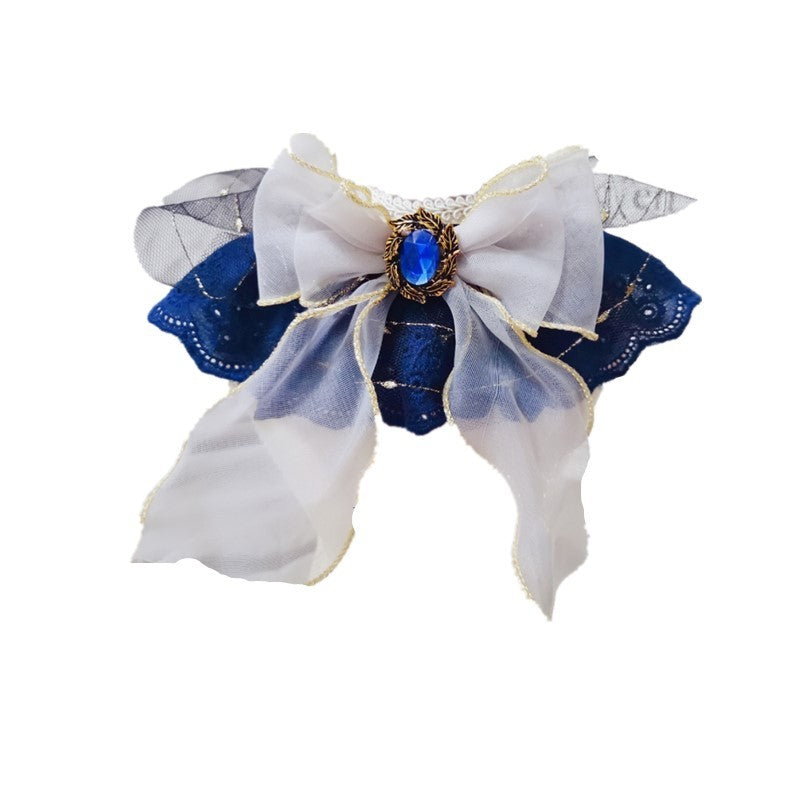 KFX-2279485 Handmade Sapphire Bow Collar Bib for Cats and Dogs with Long Scarf Design