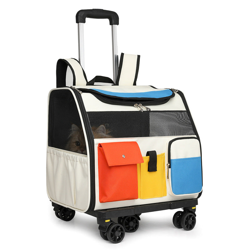 KFX-2279741 Portable Cat Backpack with Optional Pull Rod - Solid Color Options Available in White and Blue