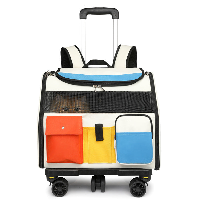 KFX-2279741 Portable Cat Backpack with Optional Pull Rod - Solid Color Options Available in White and Blue