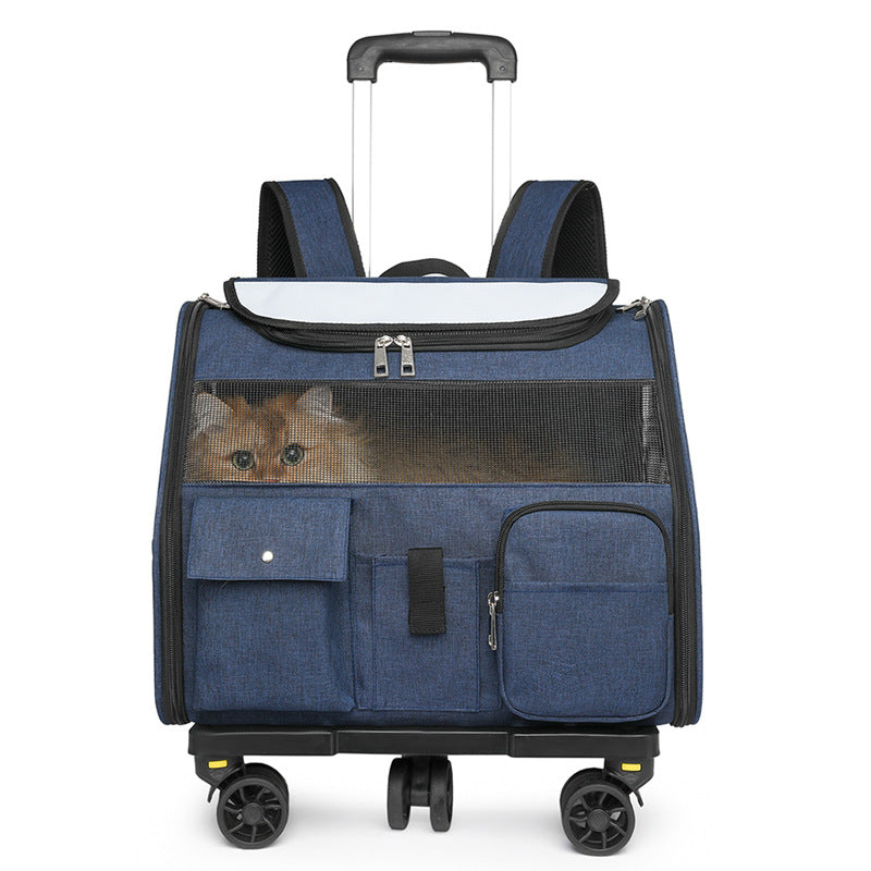 KFX-2279741 Portable Cat Backpack with Optional Pull Rod - Solid Color Options Available in White and Blue