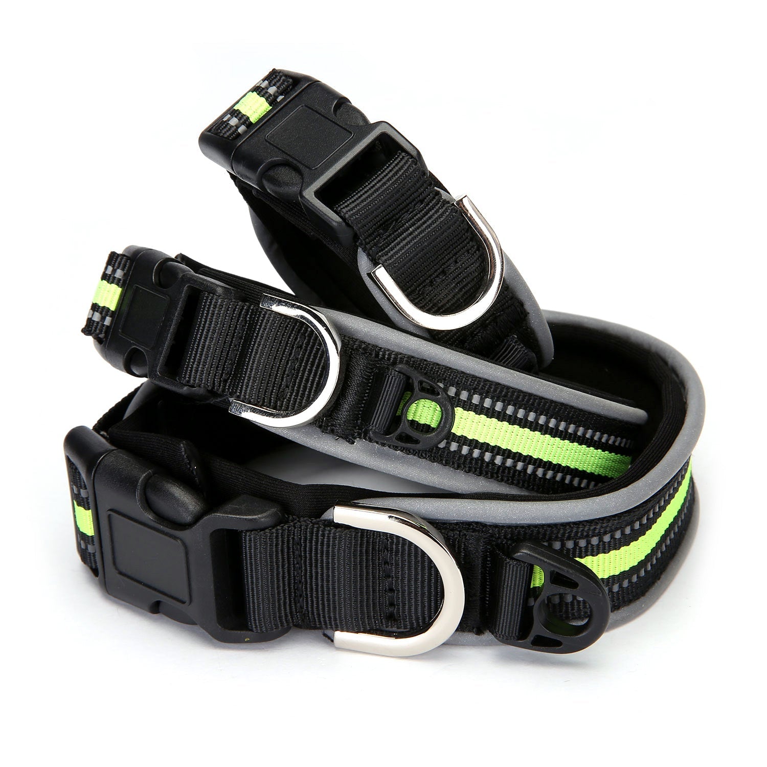 KFX-2291005 Reflective Nylon Adjustable Dog Collar in Black and Green - Sizes S, M, L, XL