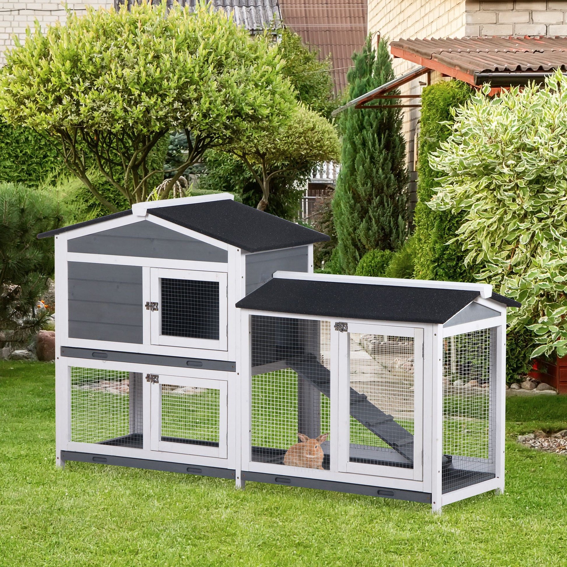 KFX-2292669 2-Tier Wooden Indoor Rabbit Hutch with Ramp and Run Area for Small Animals