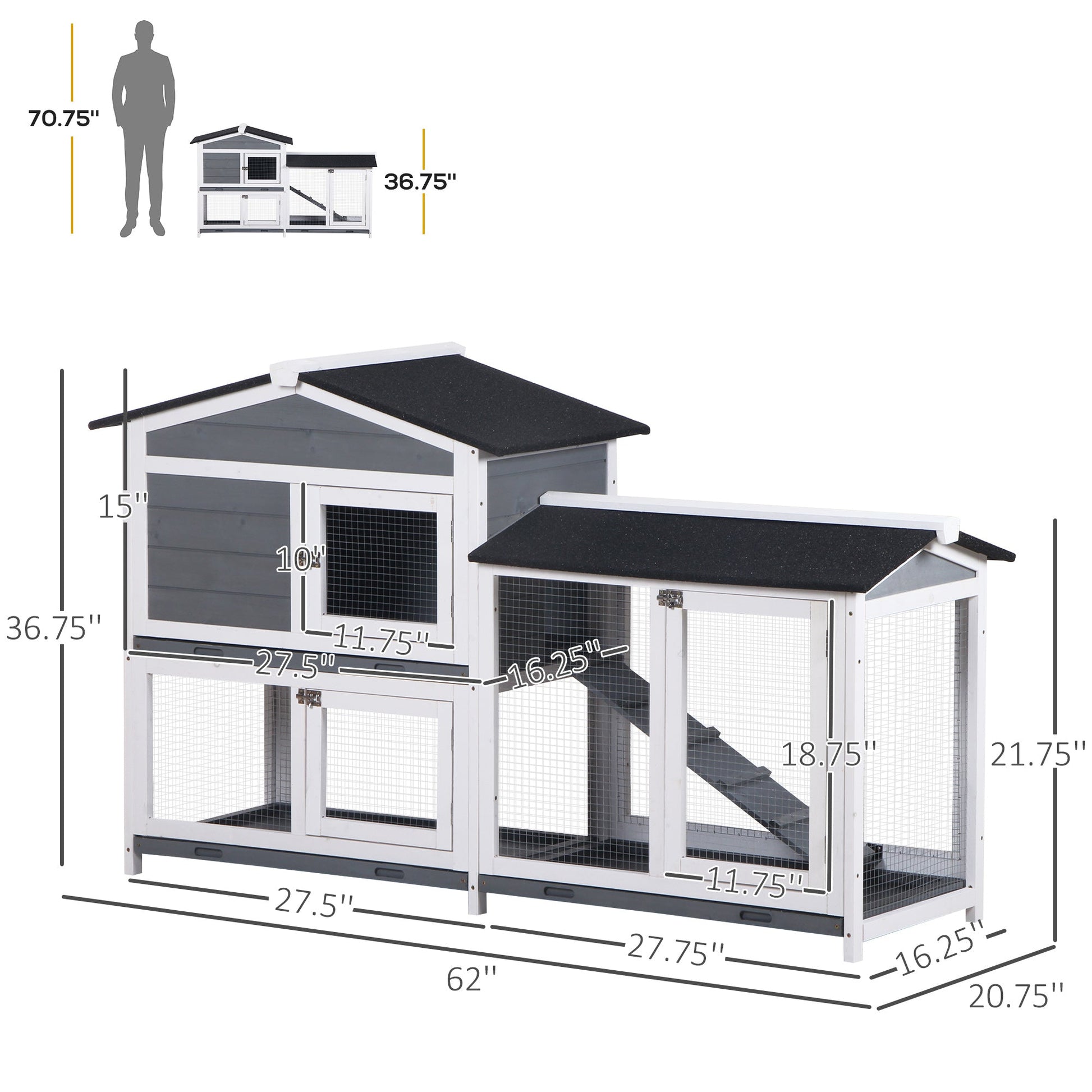 KFX-2292669 2-Tier Wooden Indoor Rabbit Hutch with Ramp and Run Area for Small Animals