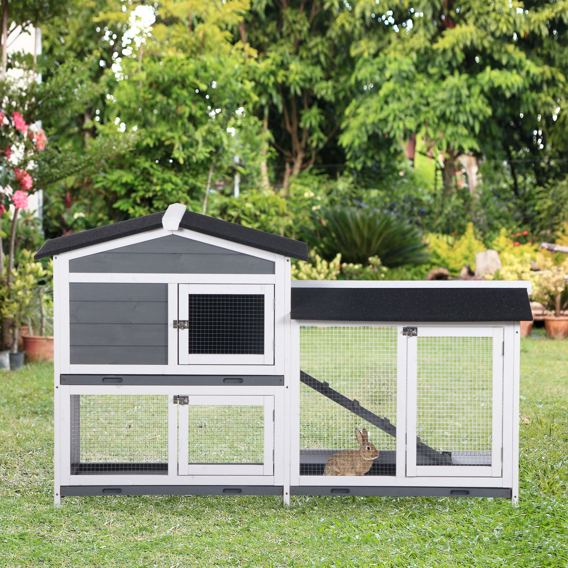 KFX-2292669 2-Tier Wooden Indoor Rabbit Hutch with Ramp and Run Area for Small Animals