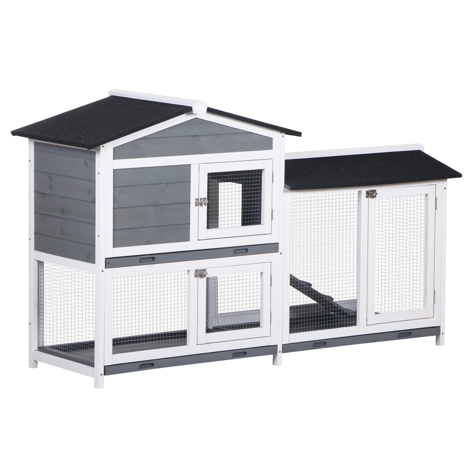 KFX-2292669 2-Tier Wooden Indoor Rabbit Hutch with Ramp and Run Area for Small Animals