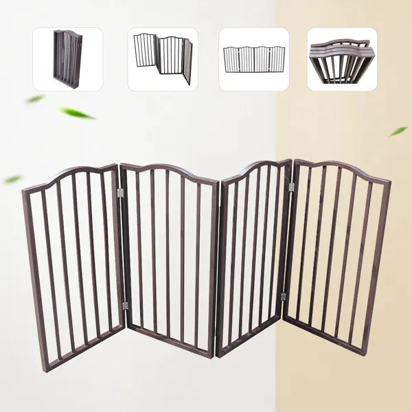 KFX-2294461 Freestanding Folding Pet Gate - Stylish Dark Brown Wooden Barrier for Doorways and Stairs