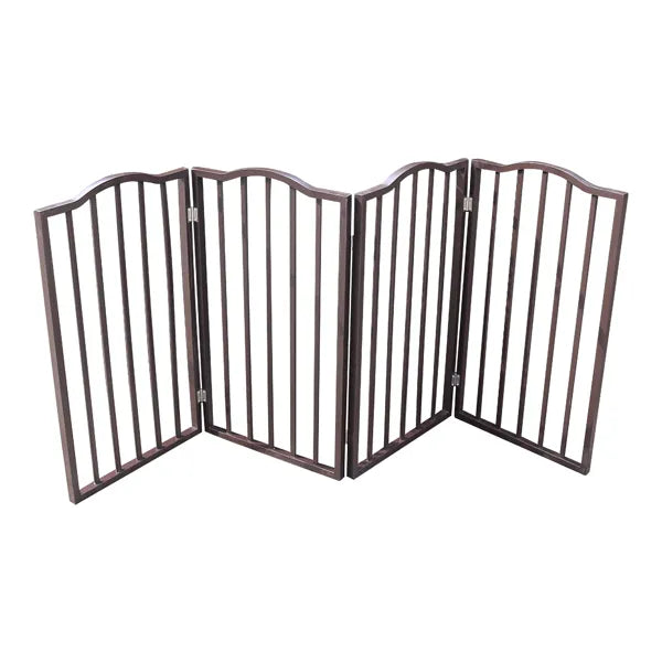 KFX-2294461 Freestanding Folding Pet Gate - Stylish Dark Brown Wooden Barrier for Doorways and Stairs