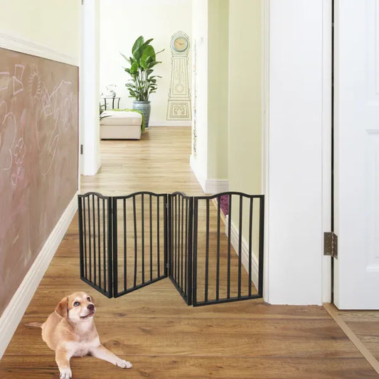 KFX-2294461 Freestanding Folding Pet Gate - Stylish Dark Brown Wooden Barrier for Doorways and Stairs