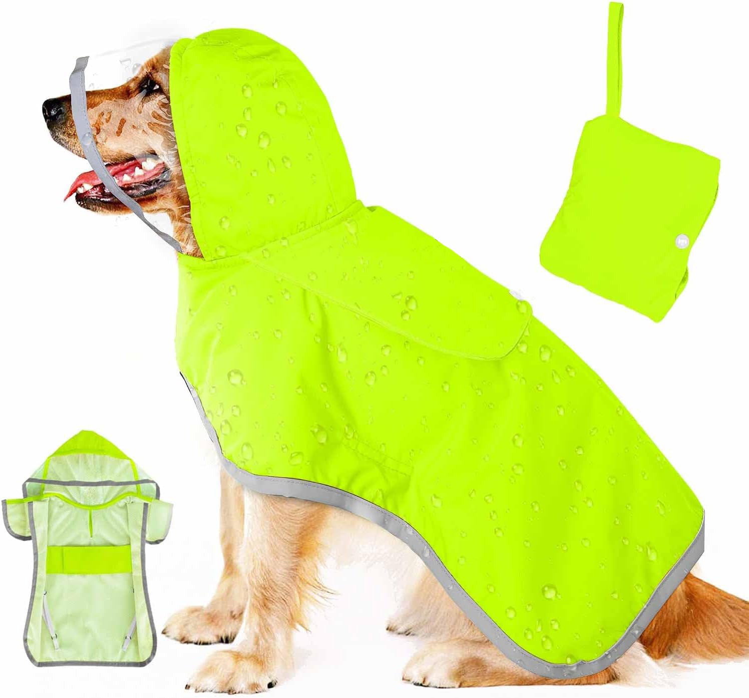 KFX-2296381 Waterproof Breathable Dog Raincoat with Hood and Transparent Cap for Small Dogs