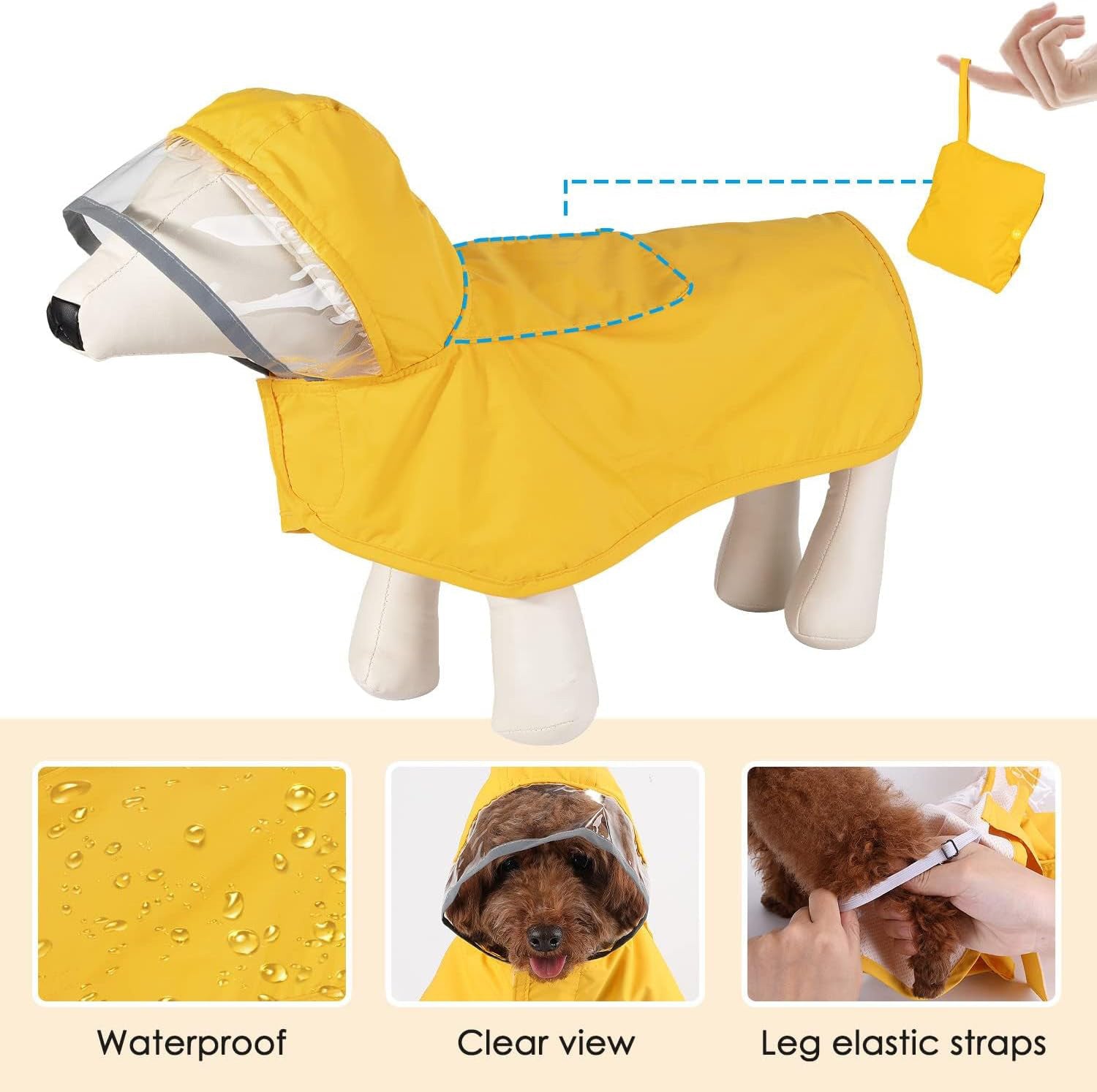 KFX-2296381 Waterproof Breathable Dog Raincoat with Hood and Transparent Cap for Small Dogs