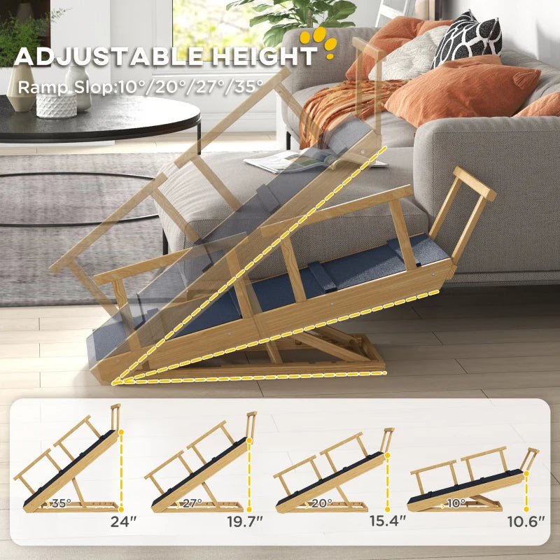 KFX-2300221 Adjustable Wooden Dog Ramp with Removable Guardrails for Safe Access to Beds and Sofas