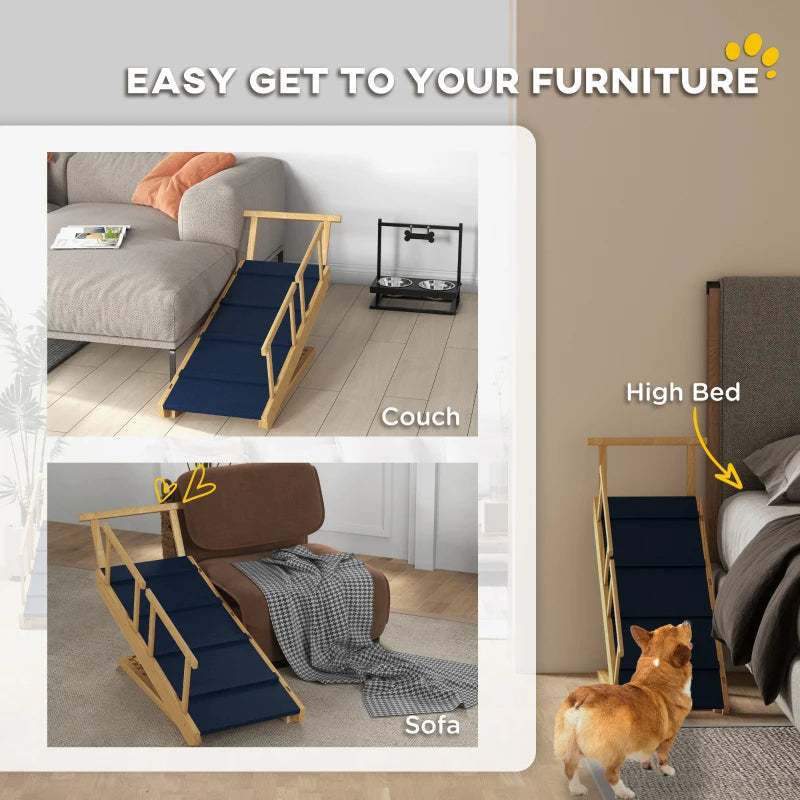 KFX-2300221 Adjustable Wooden Dog Ramp with Removable Guardrails for Safe Access to Beds and Sofas
