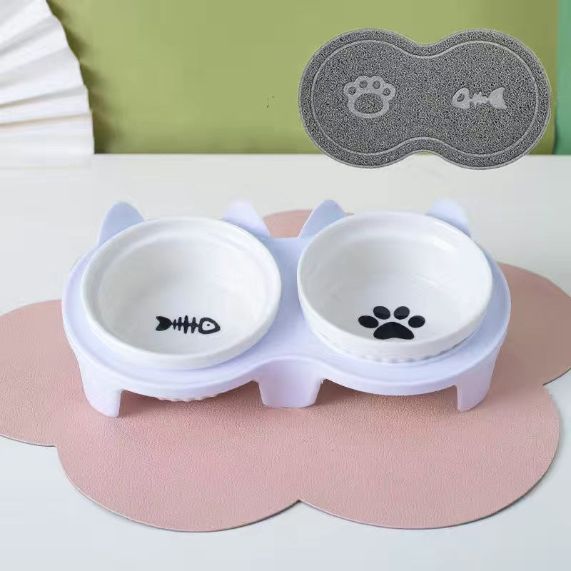 KFX-2300733 Ceramic Double Pet Bowl Set with Rack and Non-Slip Mat - Water and Food Bowl for Cats and Dogs