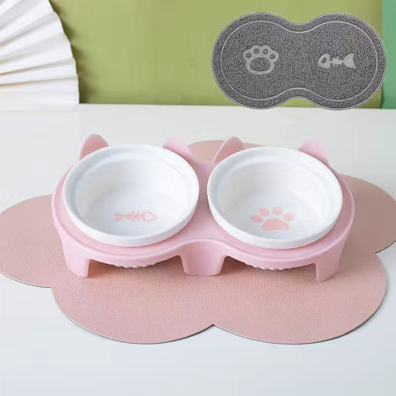 KFX-2300733 Ceramic Double Pet Bowl Set with Rack and Non-Slip Mat - Water and Food Bowl for Cats and Dogs
